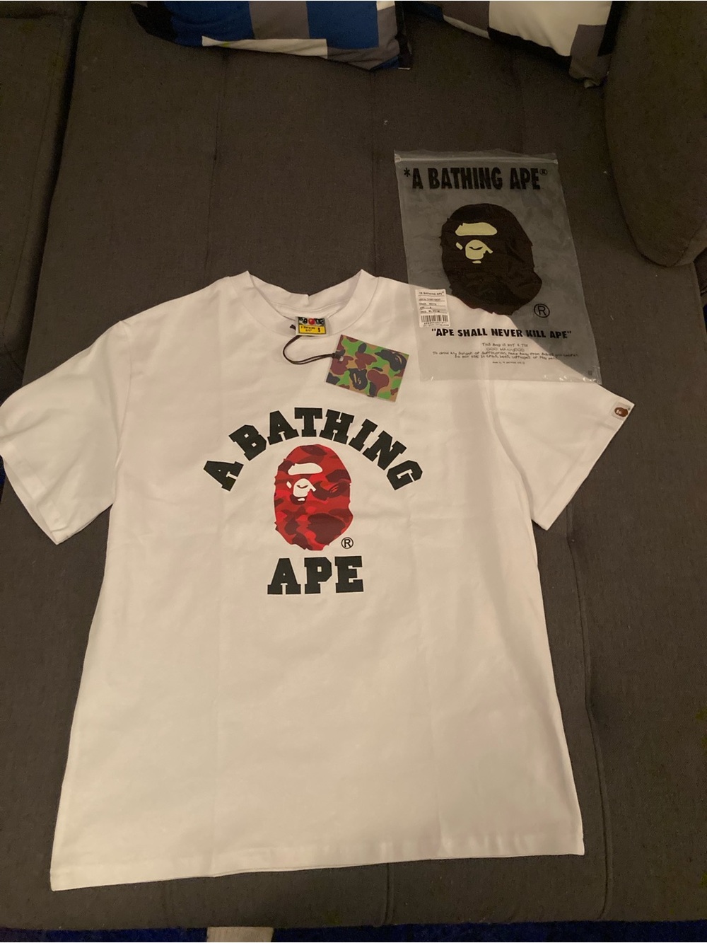 Bape White Tee with Red Camo Ape Head Logo